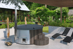 Hot Tub DeLux GRAU gestrichen / GFK - Einsatz weiß / V2A Ofen inkl. LED, Whirlpool und mit Premium Leder Deckel, ø 200 cm, mit integriertem Aussenofen, Thermoholz beplankt und gestrichen in grau