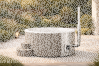 Hot Tub DeLux GRAU gestrichen / GFK - Einsatz weiß / V2A Ofen inkl. LED, Whirlpool und mit Premium Leder Deckel, ø 200 cm, mit integriertem Aussenofen, Thermoholz beplankt und gestrichen in grau