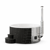Hot Tub DeLux SCHWARZ gestrichen / GFK - Einsatz weiß / V2A Ofen inkl. LED, Whirlpool und mit Premium Leder Deckel, ø 200 cm, mit integriertem Aussenofen, Thermoholz beplankt und gestrichen in schwarz