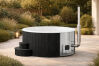 Hot Tub DeLux SCHWARZ gestrichen / GFK - Einsatz weiß / V2A Ofen inkl. LED, Whirlpool und mit Premium Leder Deckel, ø 200 cm, mit integriertem Aussenofen, Thermoholz beplankt und gestrichen in schwarz