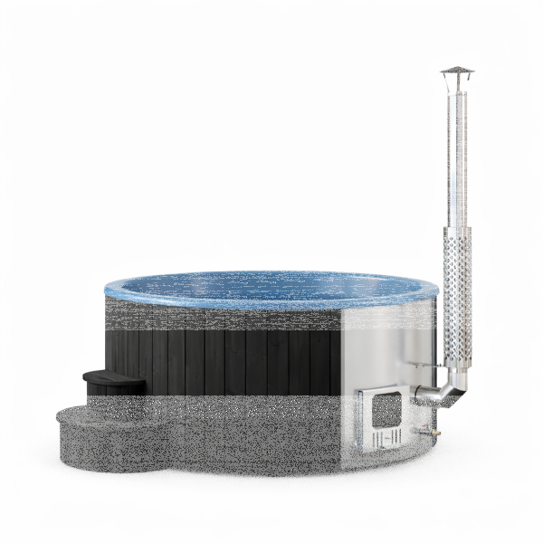 Hot Tub DeLux SCHWARZ gestrichen / GFK - Einsatz blau / V2A Ofen inkl. LED, Whirlpool und mit Premium Leder Deckel, ø 200 cm, mit integriertem Aussenofen, Thermoholz beplankt und gestrichen in schwarz