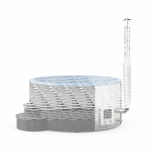 Hot Tub DeLux SCHWARZ gestrichen / GFK - Einsatz blau / V2A Ofen inkl. LED, Whirlpool und mit Premium Leder Deckel, ø 200 cm, mit integriertem Aussenofen, Thermoholz beplankt und gestrichen in schwarz