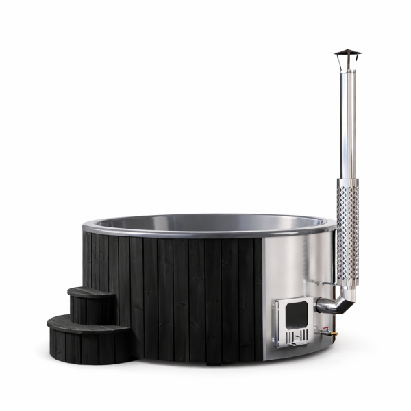 Hot Tub DeLux SCHWARZ gestrichen / GFK - Einsatz grau / V2A Ofen inkl. LED, Whirlpool und mit Premium Leder Deckel, ø 200 cm, mit integriertem Aussenofen, Thermoholz beplankt und gestrichen in schwarz