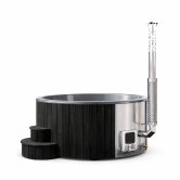 Hot Tub DeLux SCHWARZ gestrichen / GFK - Einsatz grau / V2A Ofen inkl. LED, Whirlpool und mit Premium Leder Deckel, ø 200 cm, mit integriertem Aussenofen, Thermoholz beplankt und gestrichen in schwarz