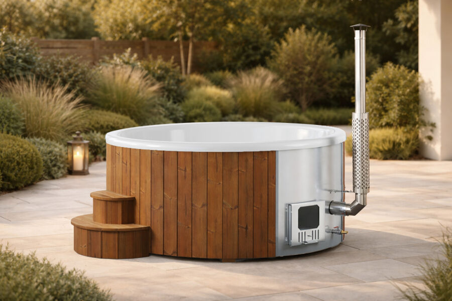 Hot Tube DeLux Thermoholt natur / GFK - Einsatz weiß / V2A Ofen inkl. LED, Whirlpool und mit Premium Leder Deckel, ø 200 cm, mit integriertem