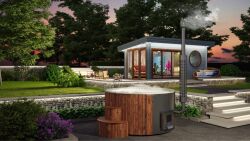 Hot Tub DeLux Thermoholt natur / GFK - Einsatz weiß / V2A Ofen inkl. LED, Whirlpool und mit Premium Leder Deckel, ø 200 cm, mit integriertem Aussenofen, Thermoholz beplankt