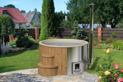 Hot Tub DeLux Thermoholt natur / GFK - Einsatz weiß / V2A Ofen inkl. LED, Whirlpool und mit Premium Leder Deckel, ø 200 cm, mit integriertem Aussenofen, Thermoholz beplankt