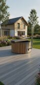 Hot Tub DeLux Thermoholz natur / GFK - Einsatz grau / V2A Ofen inkl. LED, Whirlpool und mit Premium Leder Deckel, ø 200 cm, mit integriertem Aussenofen, Thermoholz beplankt