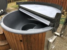 Hot Tub DeLux Thermoholz natur / GFK - Einsatz grau / V2A Ofen inkl. LED, Whirlpool und mit Premium Leder Deckel, ø 200 cm, mit integriertem Aussenofen, Thermoholz beplankt