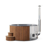 Hot Tub DeLux Thermoholz natur / GFK - Einsatz grau / V2A Ofen inkl. LED, Whirlpool und mit Premium Leder Deckel, ø 200 cm, mit integriertem Aussenofen, Thermoholz beplankt