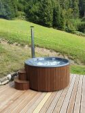 Hot Tub DeLux Thermoholz natur / GFK - Einsatz grau / V2A Ofen inkl. LED, Whirlpool und mit Premium Leder Deckel, ø 200 cm, mit integriertem Aussenofen, Thermoholz beplankt