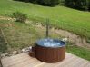 Hot Tub DeLux Thermoholz natur / GFK - Einsatz grau / V2A Ofen inkl. LED, Whirlpool und mit Premium Leder Deckel, ø 200 cm, mit integriertem Aussenofen, Thermoholz beplankt