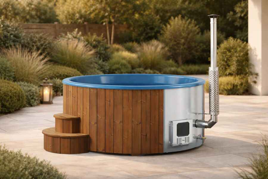 Hot Tub DeLux Thermoholz natur / GFK - Einsatz blau / V2A Ofen inkl. LED, Whirlpool und mit Premium Leder Deckel, ø 200 cm, mit integriertem Aussenofen, Thermoholz beplankt