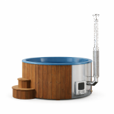 Hot Tub DeLux Thermoholz natur / GFK - Einsatz blau / V2A Ofen inkl. LED, Whirlpool und mit Premium Leder Deckel, ø 200 cm, mit integriertem Aussenofen, Thermoholz beplankt