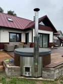 Hot Tub DeLux Thermoholz natur / GFK - Einsatz blau / V2A Ofen inkl. LED, Whirlpool und mit Premium Leder Deckel, ø 200 cm, mit integriertem Aussenofen, Thermoholz beplankt