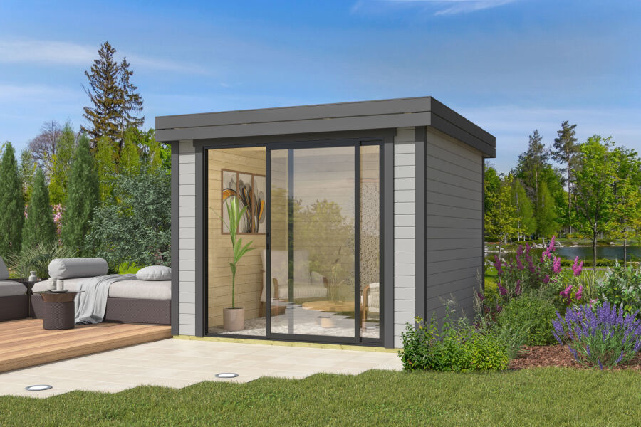 4743329288822 - Gartenhaus BUSTANI 1 - 275x275 cm 28 mm Schiebtür lackiert Lichtgrau