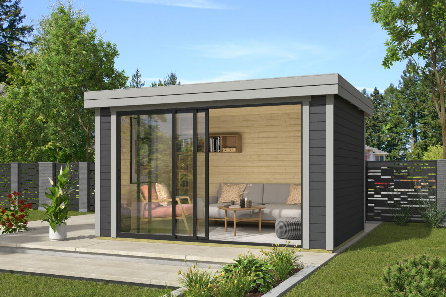 4743329288877 - Gartenhaus BUSTANI 2 - 380x280 cm 28 mm Schiebetür lackiert Carbongrau