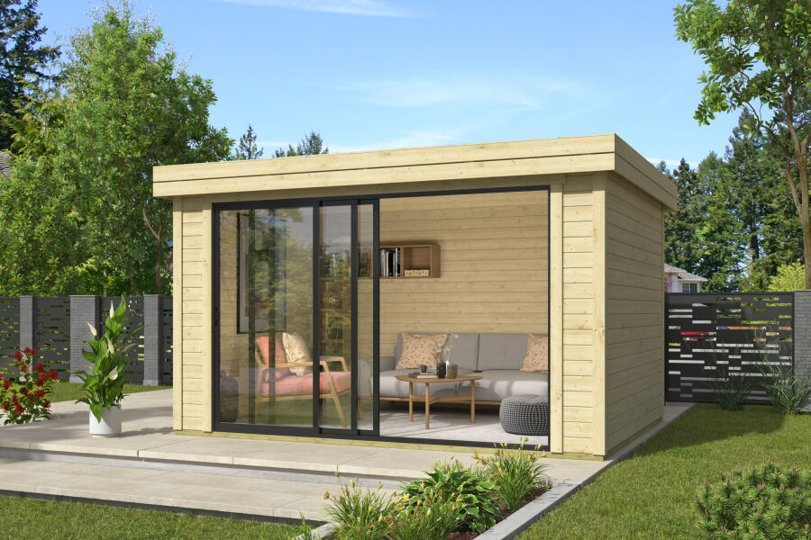 Lasita Maja Gartenhaus BUSTANI 2 - 380x280 cm, 28 mm, Schiebetür, natur + farbig