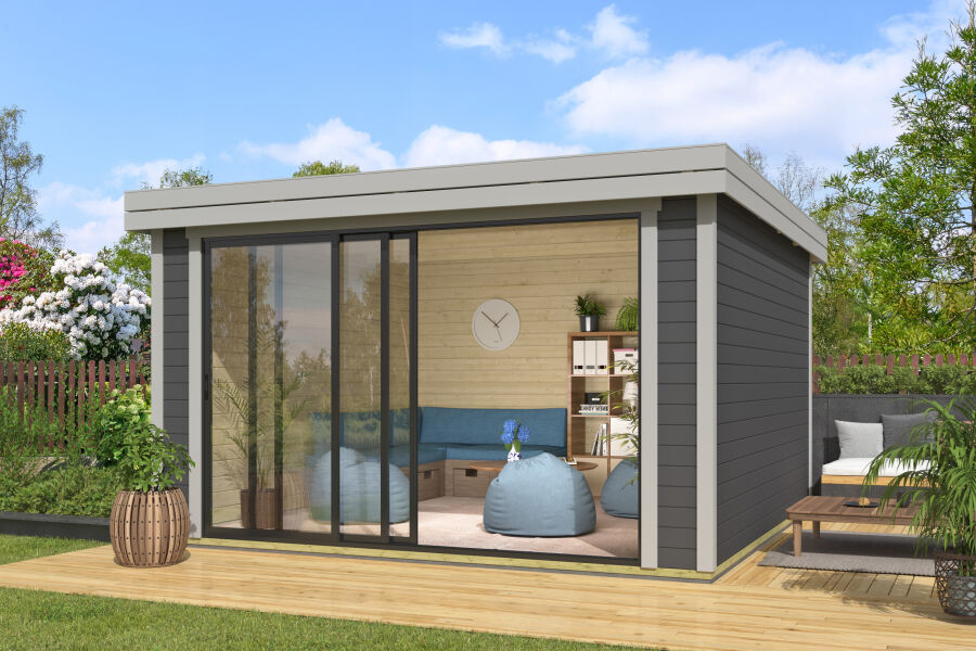 4743329288921 - Gartenhaus BUSTANI 3 - 380x380 cm 28 mm Schiebetür lackiert Carbongrau