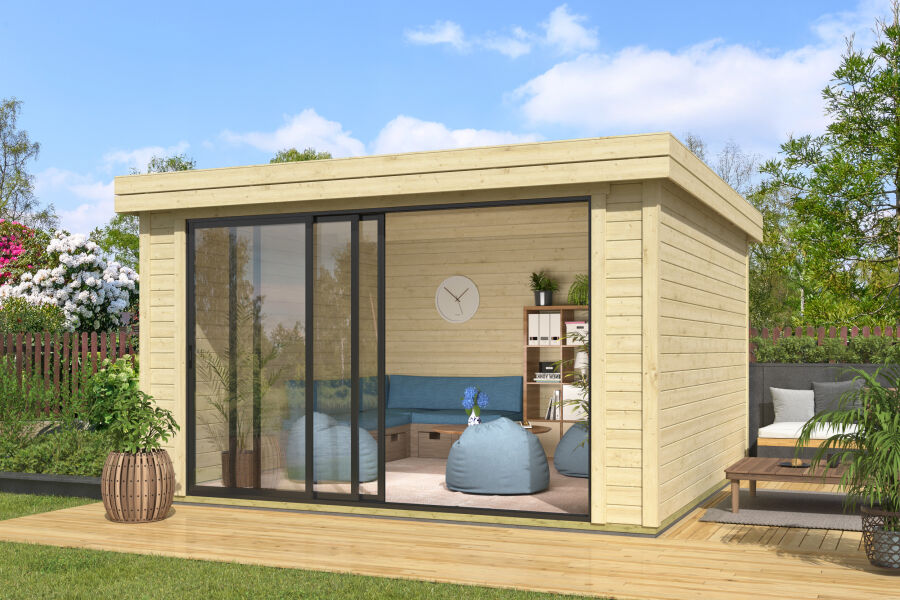 Lasita Maja Gartenhaus BUSTANI 3 - 380x380 cm, 28 mm, Schiebetür, natur+ farbig