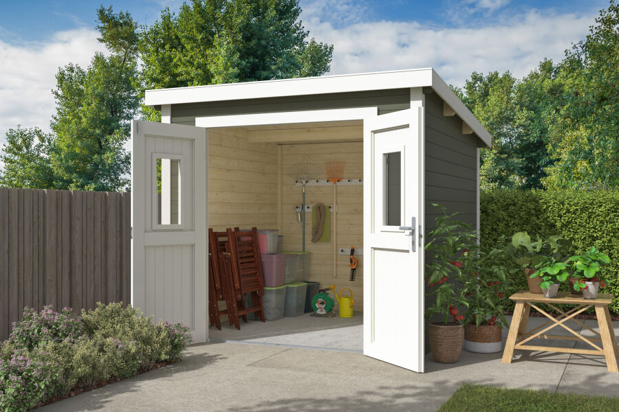 4743329286354 - Gartenhaus ZURI 6 - 250x250 cm 19 mm lackiert Grüngrau