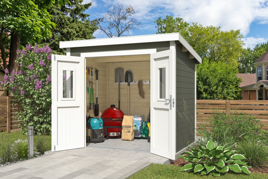 4743329286408 - Gartenhaus ZURI 7 - 275x175 cm 19 mm lackiert Grüngrau