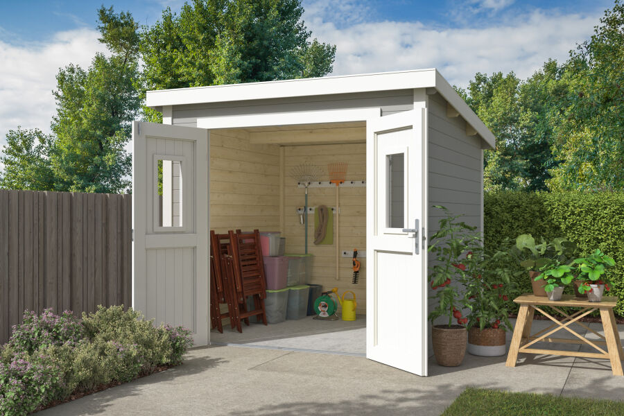 4743329286477 - Gartenhaus ZURI 9 - 275x275 cm 19 mm lackiert Lichtgrau