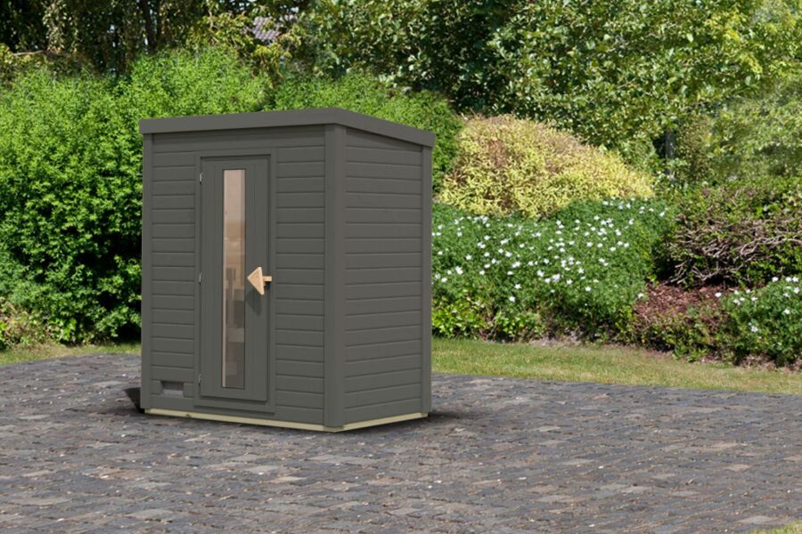 Karibu Saunahaus FINN 0 / terragrau / ohne Ofen / gedämmte Eingangstür