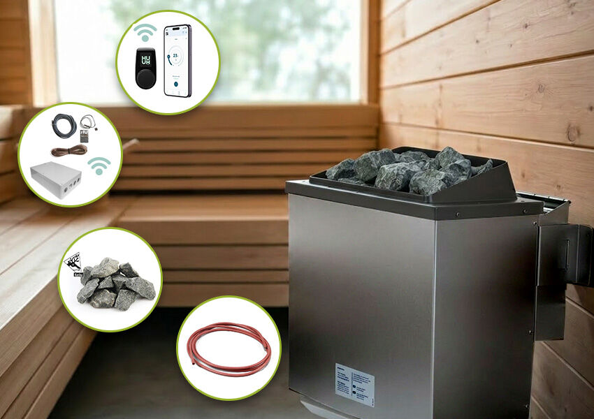 Topgarden "SPARSET" Bio-Kombiofen 9Kw inkl. Steuergerät HUUM "UKU WIFI" mit App Steuerung, Saunasteine und Silikonkabel