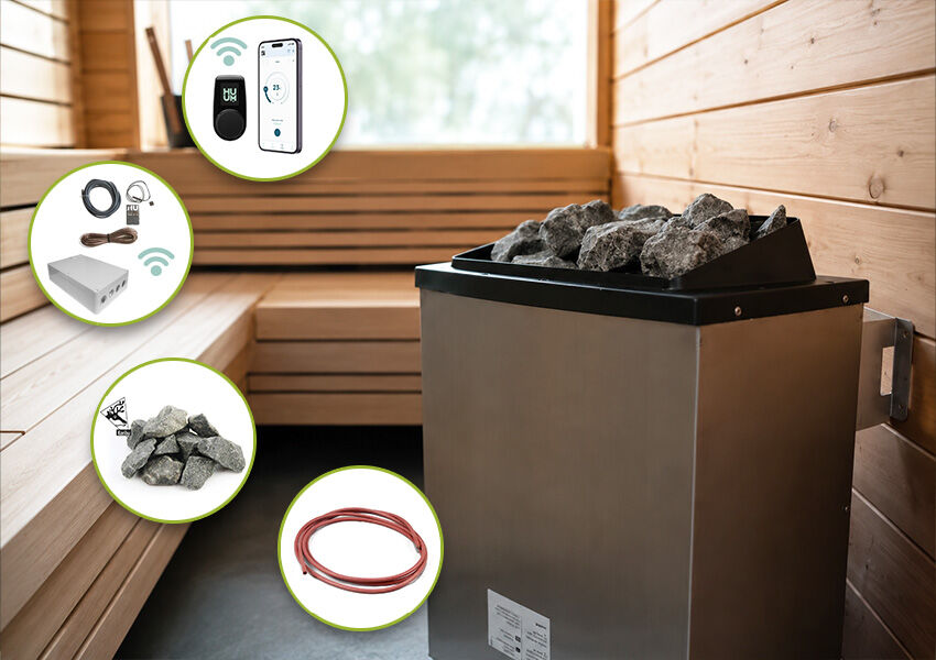 Topgarden "SPARSET" Saunaofen finnisch 9Kw inkl. Steuergerät HUUM "UKU WIFI" mit App Steuerung, Saunasteine und Silikonkabel