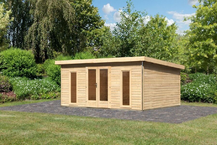 Gartenhaus RATZEBURG 3 naturbelassen 490x369cm, 40mm Doppelnut, Chrom Line Ecke, ohne Boden +AKTION+