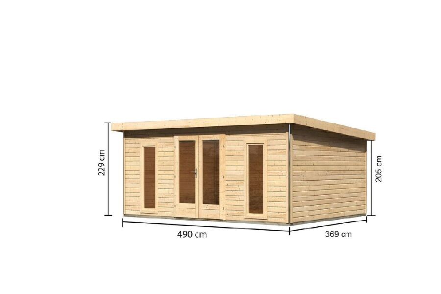 Gartenhaus RATZEBURG 3 naturbelassen 490x369cm, 40mm Doppelnut, Chrom Line Ecke, ohne Boden +AKTION+