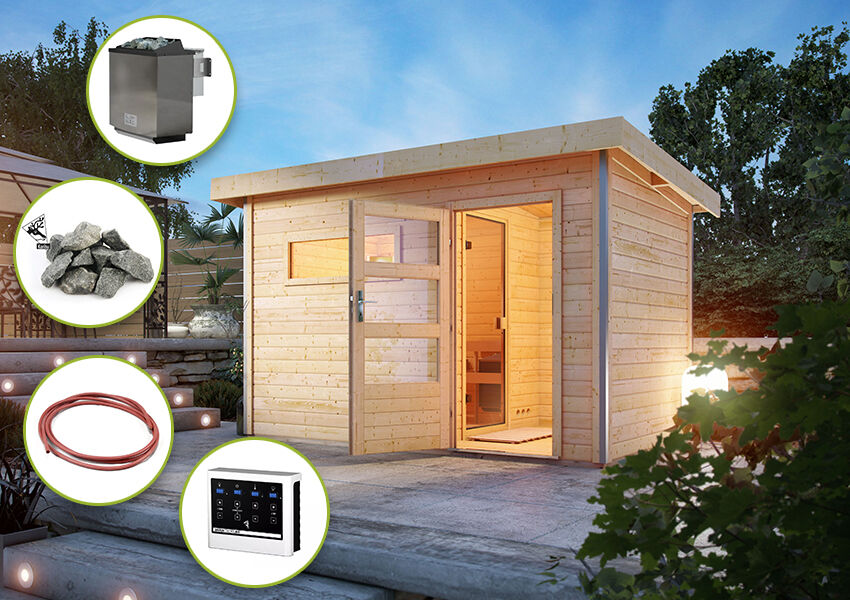 Karibu Saunahaus TOPGARDEN 1 / SKROLLAN 2, 337 x 231cm  / Ofen 9 kW Bio externe Strg easy / moderne Eingangstür