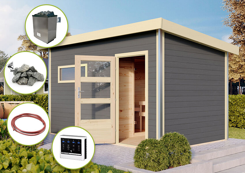 Karibu Saunahaus TOPGARDEN 1 / SKROLLAN 2, 337 x 231cm / Ofen 9 KW externe Strg esay / terragrau, moderne Eingangstür