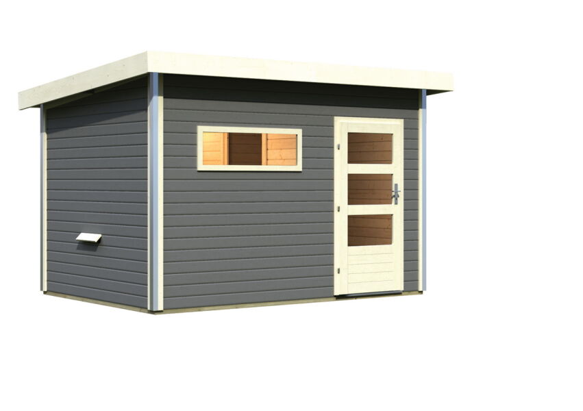 Karibu Saunahaus TOPGARDEN 1 / SKROLLAN 2, 337 x 231cm, terragrau, moderne Eingangstür, - ohne/mit Ofen -
