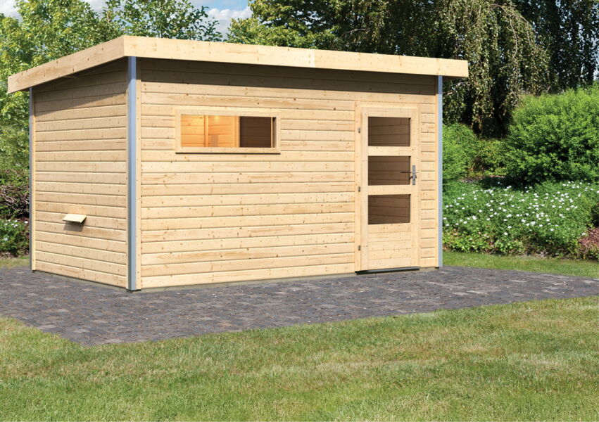 Karibu Saunahaus TOPGARDEN 5 / SKROLLAN 3, 396 x 231cm, natur, moderne Eingangstür