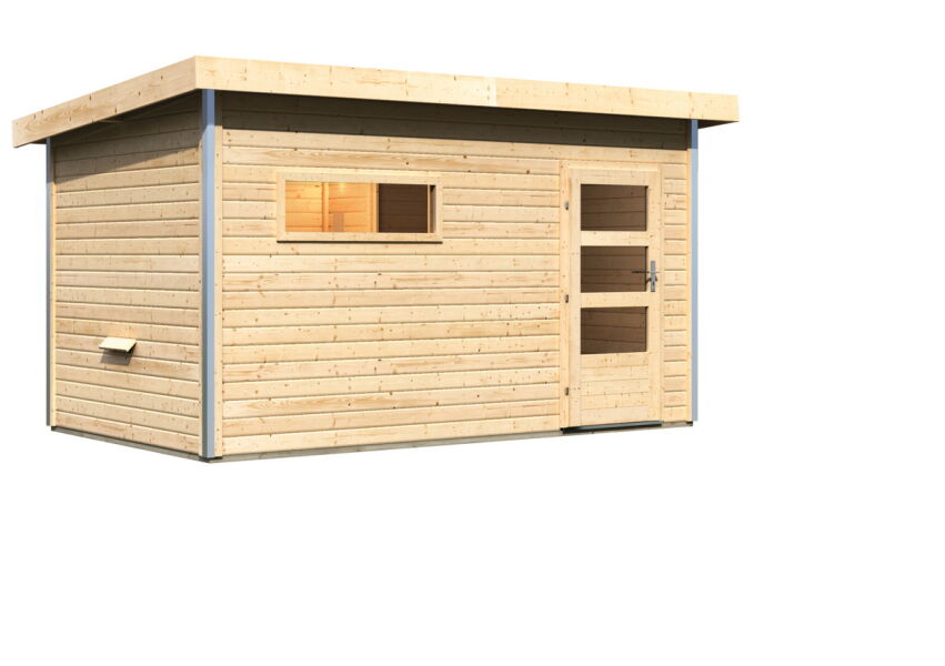 Karibu Saunahaus TOPGARDEN 5 / SKROLLAN 3, 396 x 231cm, natur, moderne Eingangstür