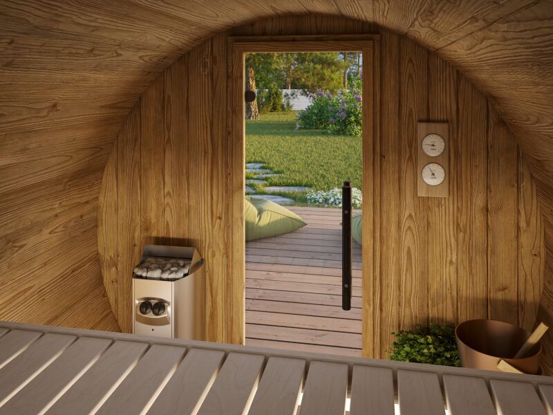Palmako Saunafass Modell ANITA 0,9 m² - 200x160  cm, 42 mm, inkl. Dachschindeln schwarz, Bausatz Thermoholz