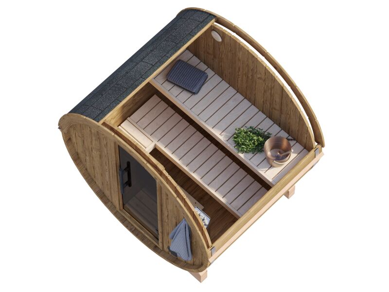 Palmako Saunafass Modell ANITA 0,9 m² - 200x160  cm, 42 mm, inkl. Dachschindeln schwarz, Bausatz Thermoholz