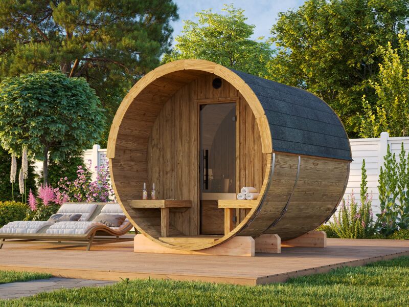 Palmako Saunafass Modell ANITA 1,3+0,7 m² - 220x250 + 78 cm Terrasse, inkl. Dachschindeln schwarz, Thermoholz