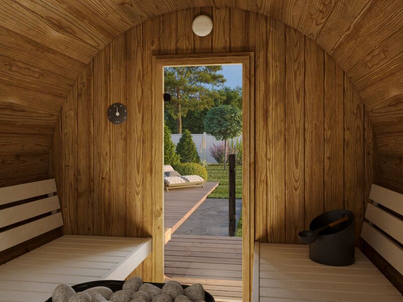 Palmako Saunafass Modell ANITA 1,3+0,7 m² - 220x250 + 78 cm Terrasse, inkl. Dachschindeln schwarz, Thermoholz