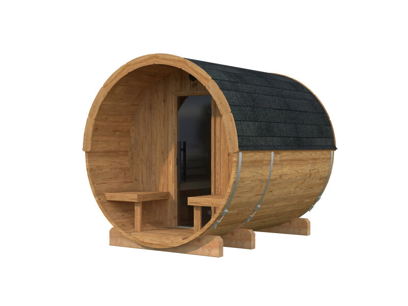 Palmako Saunafass Modell ANITA 1,3+0,7 m² - 220x250 + 78 cm Terrasse, inkl. Dachschindeln schwarz, Thermoholz