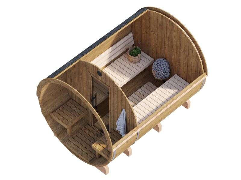 Palmako Saunafass Modell ANITA 1,6+0,7 m² - 220x290 cm + 78 cm Terrasse, inkl. Dachschindeln schwarz, Thermoholz