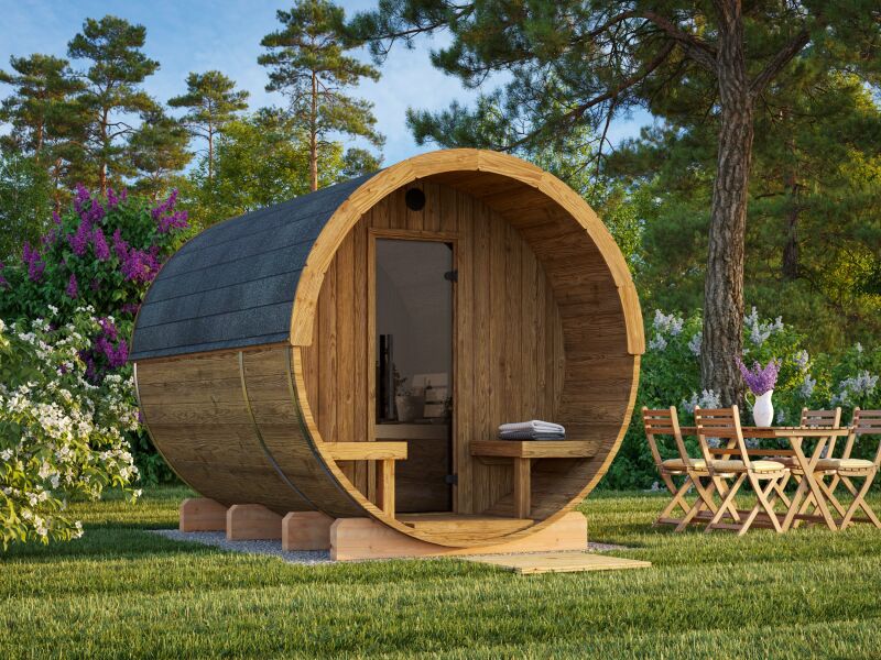 Palmako Saunafass Modell ANITA 1,6+0,7 m² - 220x290 cm + 78 cm Terrasse, inkl. Dachschindeln schwarz, Thermoholz