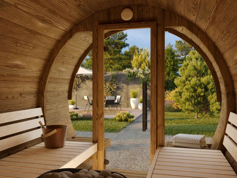 Palmako Saunafass Modell ANITA 1,3+0,7 m² - 220x250 + 78 cm Terrasse, inkl. Dachschindeln schwarz, mit Glasfront, Thermoholz