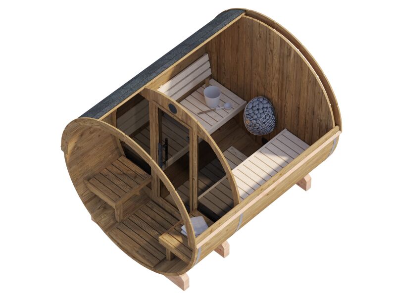 Palmako Saunafass Modell ANITA 1,3+0,7 m² - 220x250 + 78 cm Terrasse, inkl. Dachschindeln schwarz, mit Glasfront, Thermoholz