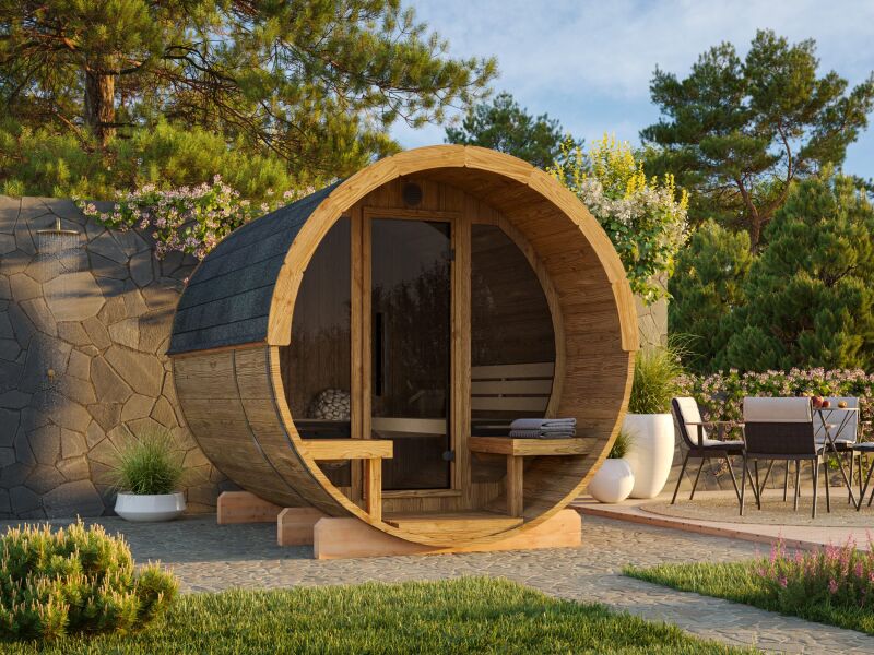Palmako Saunafass Modell ANITA 1,3+0,7 m² - 220x250 + 78 cm Terrasse, inkl. Dachschindeln schwarz, mit Glasfront, Thermoholz