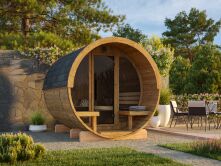 Palmako Saunafass Modell ANITA 1,3+0,7 m² - 220x250 + 78 cm Terrasse, inkl. Dachschindeln schwarz, mit Glasfront, Thermoholz
