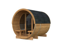 Palmako Saunafass Modell ANITA 1,3+0,7 m² - 220x250 + 78 cm Terrasse, inkl. Dachschindeln schwarz, mit Glasfront, Thermoholz