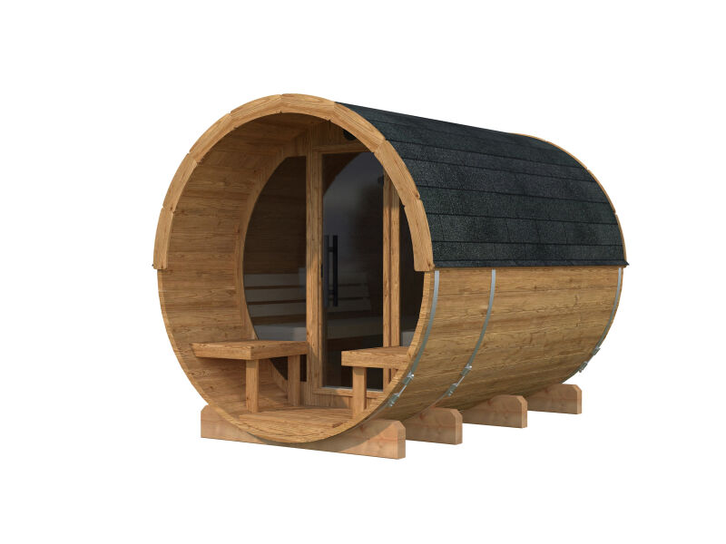Palmako Saunafass Modell ANITA 1,6+0,7 m² - 220x290 cm + 78 cm Terrasse, inkl. Dachschindeln schwarz, mit Glasfrost, Thermoholz